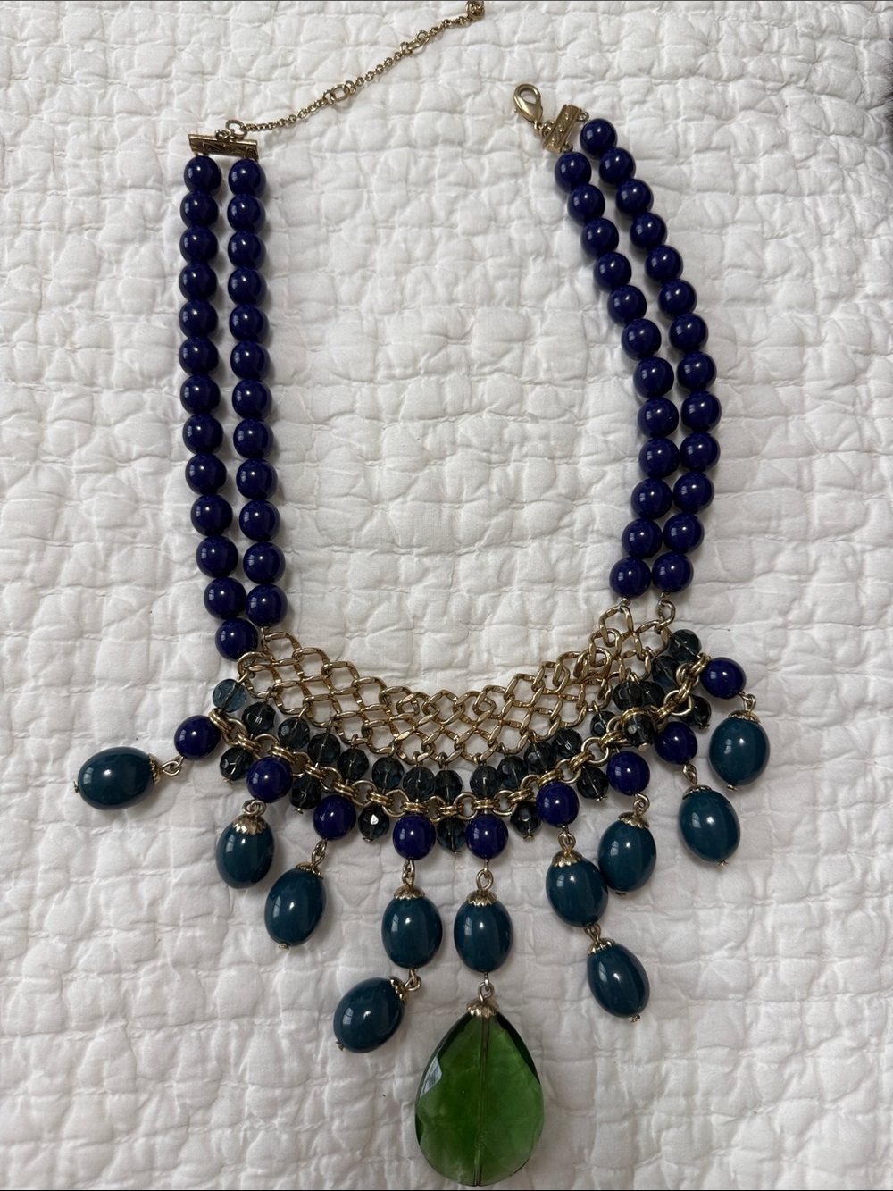 Statement Multi-Strand Beaded Necklace with Green Teardrop Pendant - Blue/Green